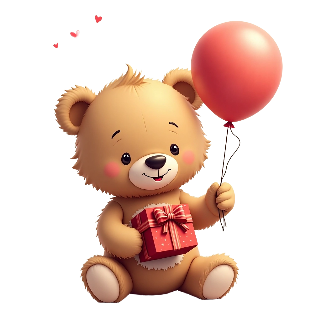 Cute Teddy Bear with Gift and Balloon