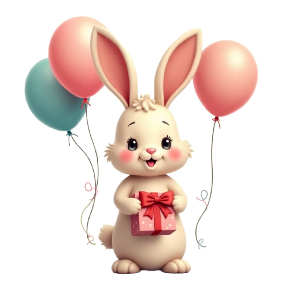 Birthday Bunny with Balloons and Gift