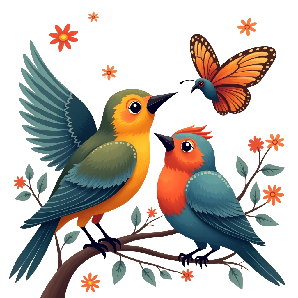 Colorful Birds and Butterfly