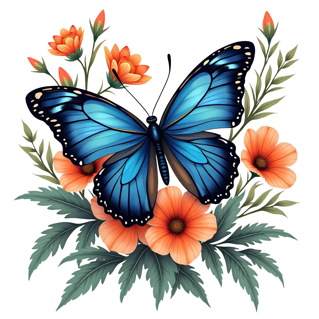 Blue Butterfly and Orange Flowers