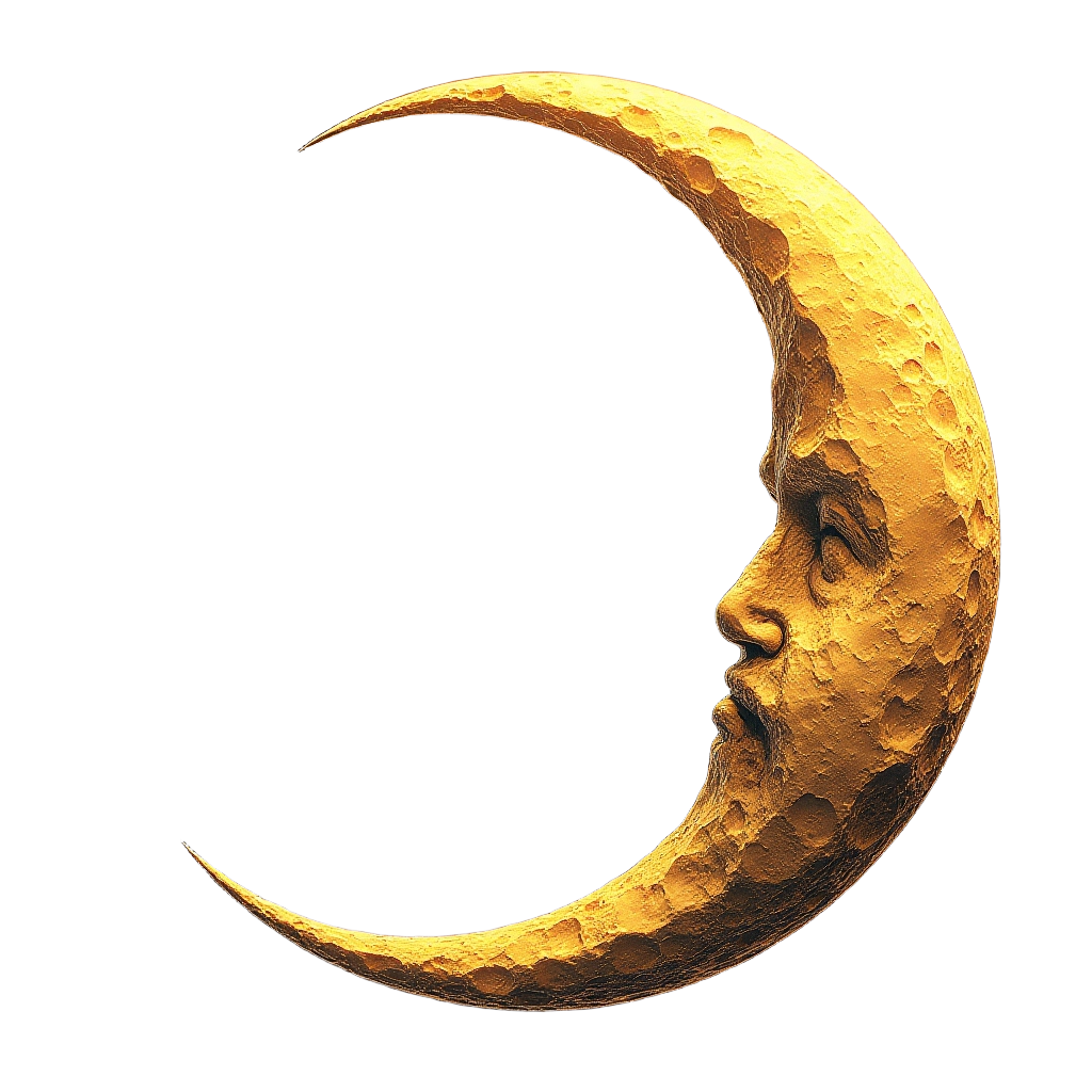 Golden Crescent Moon with Celestial Face