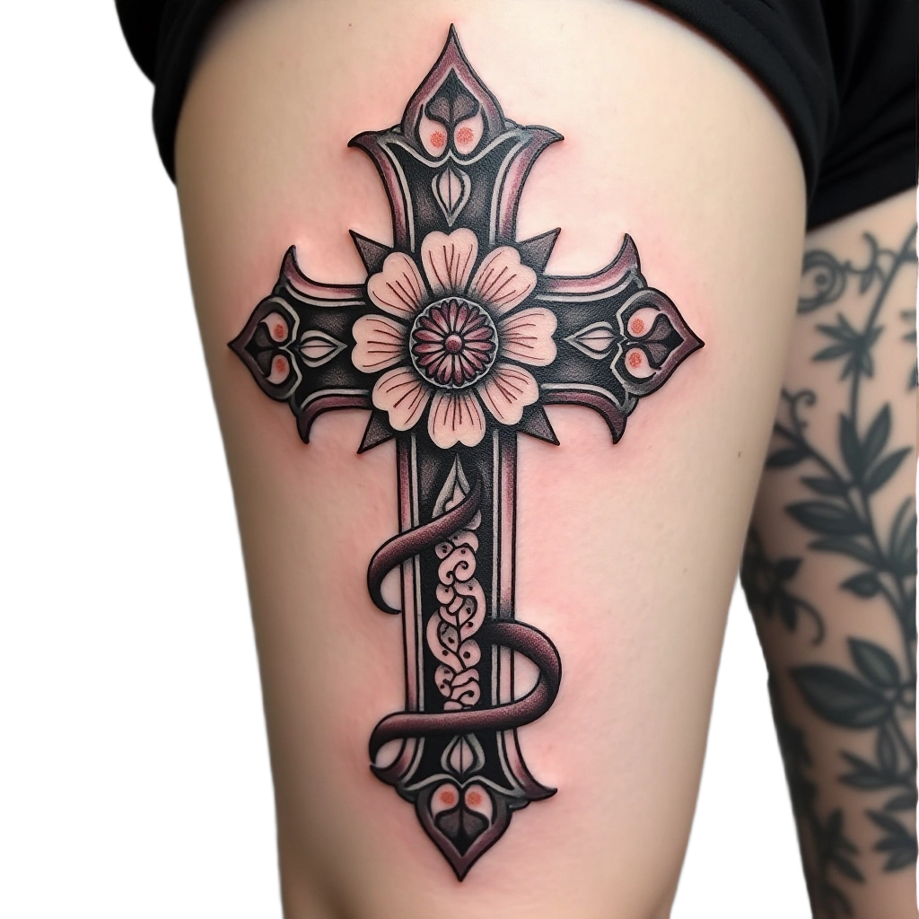 Floral Cross and Snake Tattoo