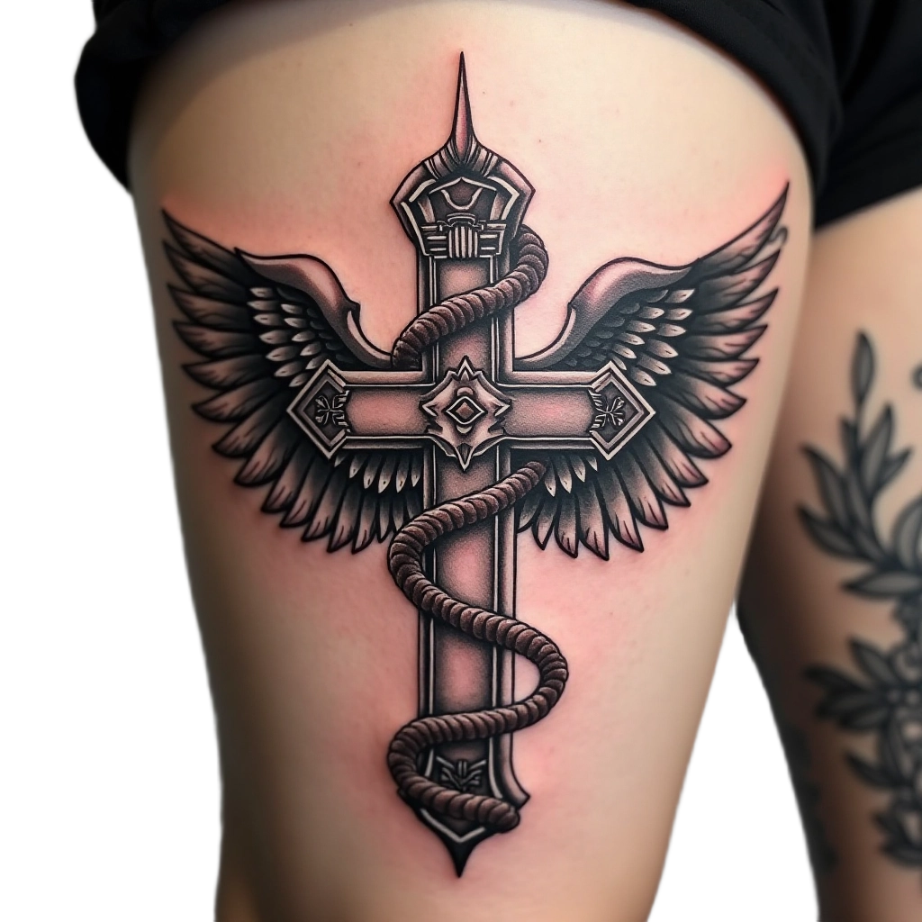 Winged Cross and Serpent Tattoo