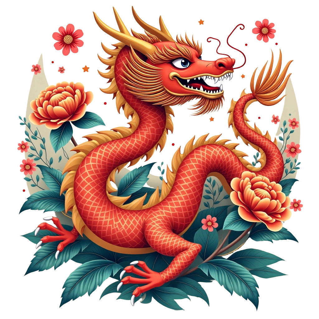 Traditional Chinese Dragon and Peonies