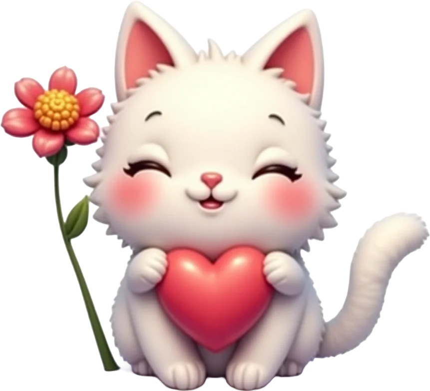 Cute Cat with Heart and Flower