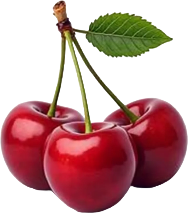 Three Red Cherries with a Green Leaf