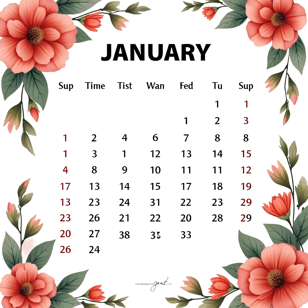 January Calendar with Floral Border