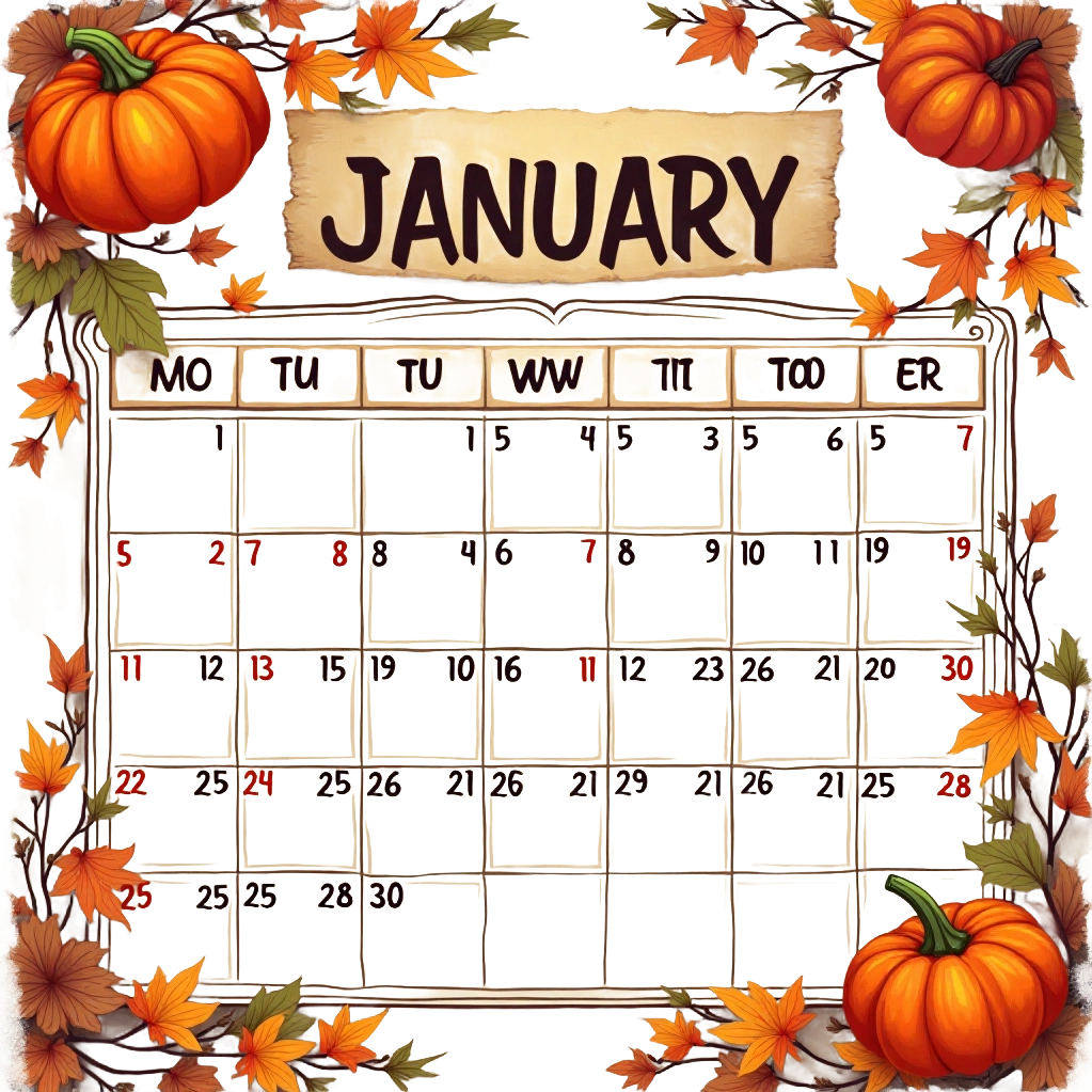 January Calendar with Autumn Theme