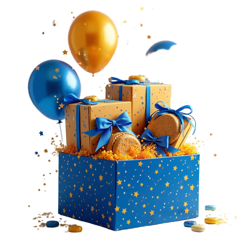 Festive Gift Box with Balloons and Cookies