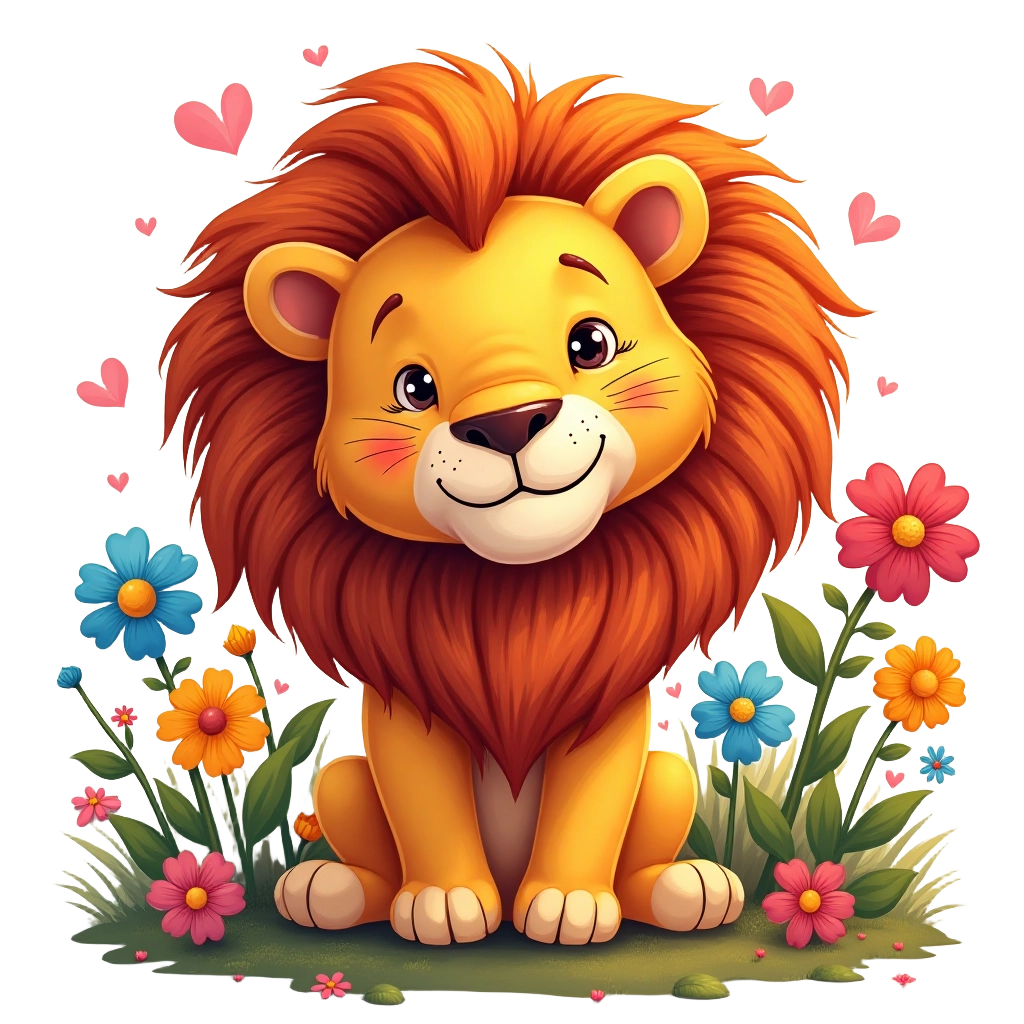 Charming Lion in a Garden of Hearts and Flowers