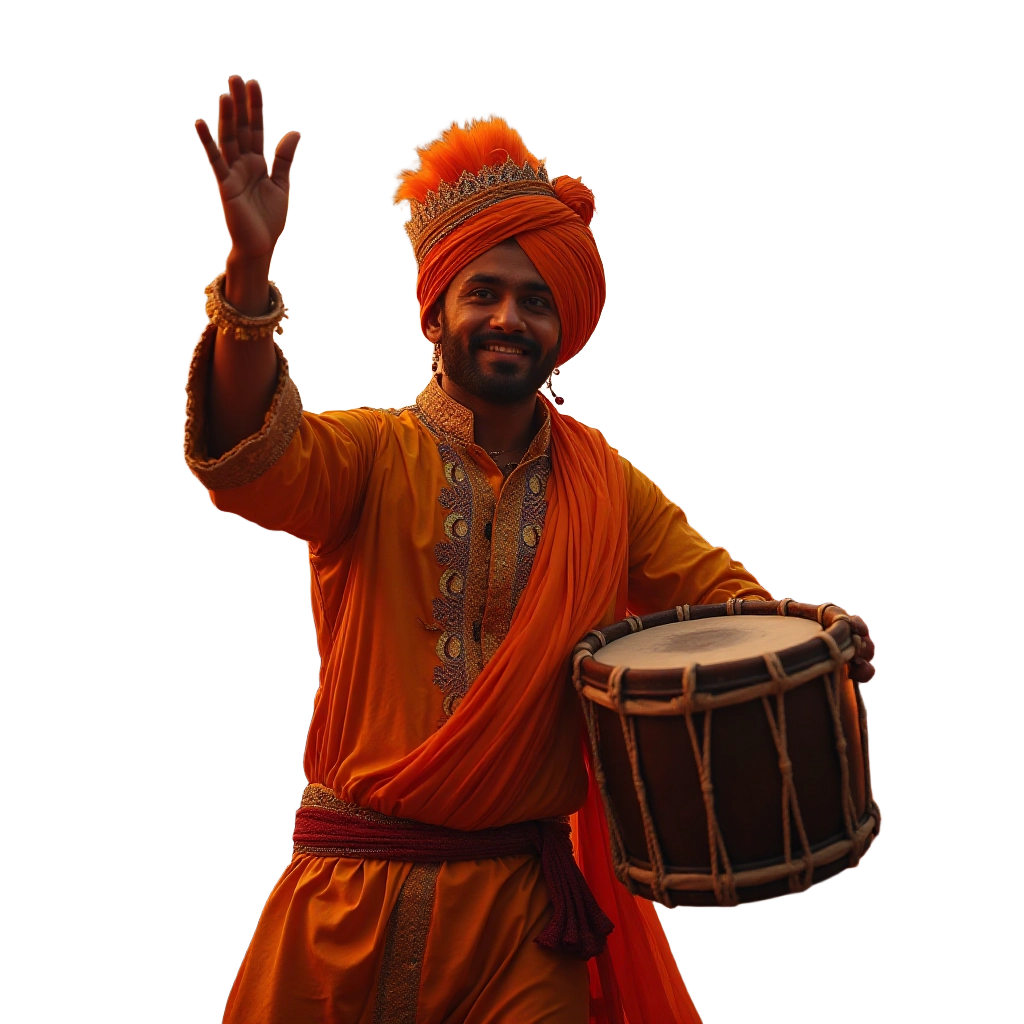 Traditional Drummer in Orange Attire