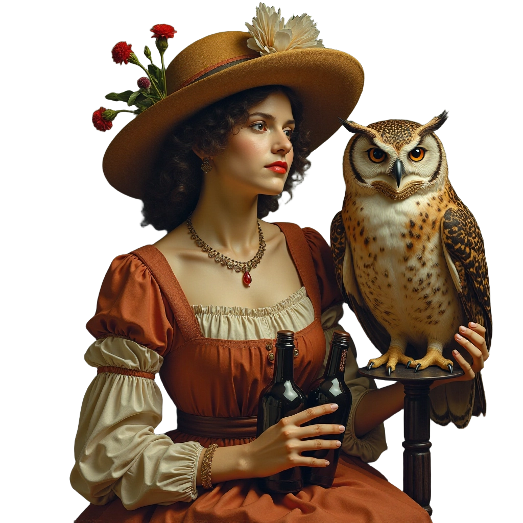 Elegant Lady with Owl and Beer Bottles