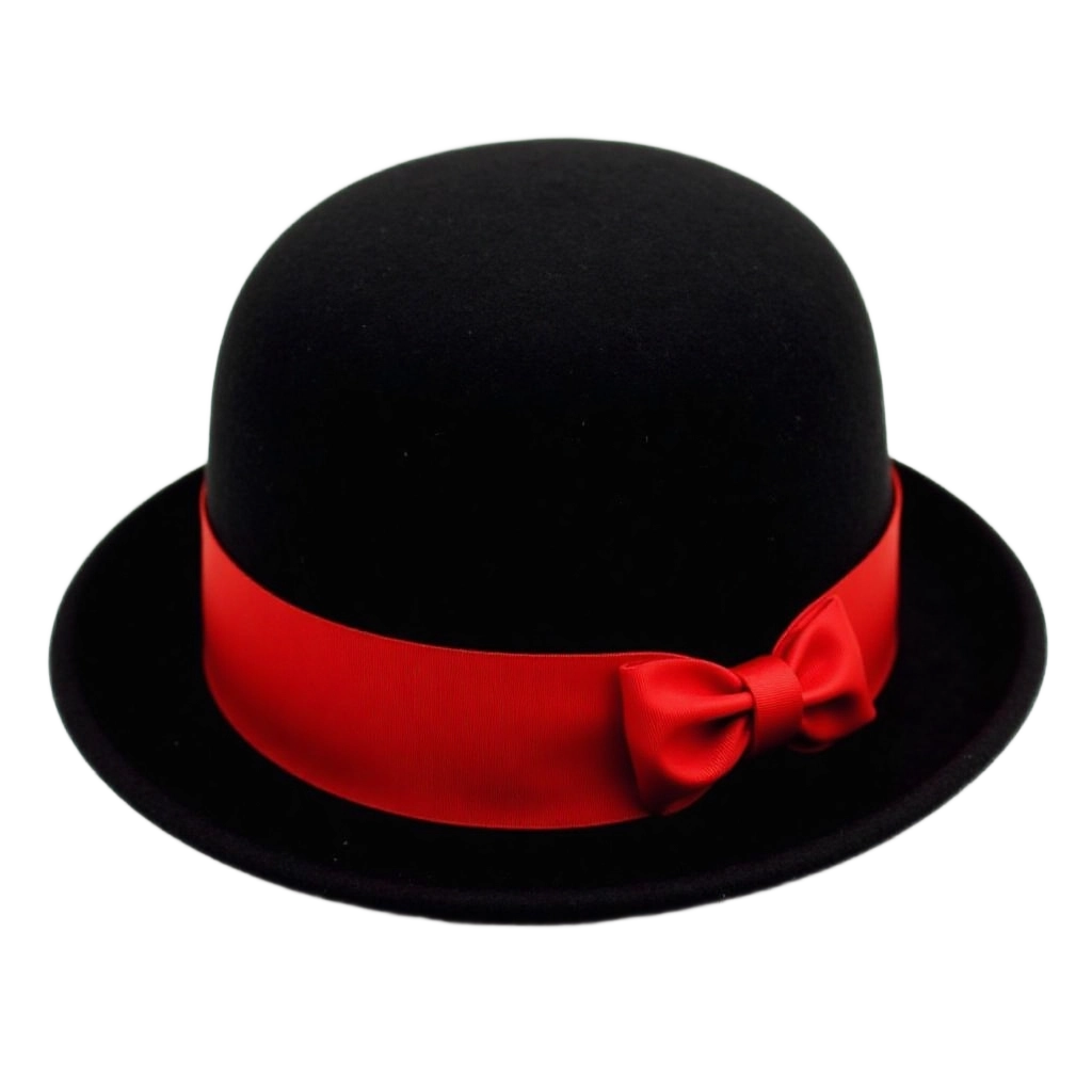 Elegant Black Bowler Hat with Red Ribbon