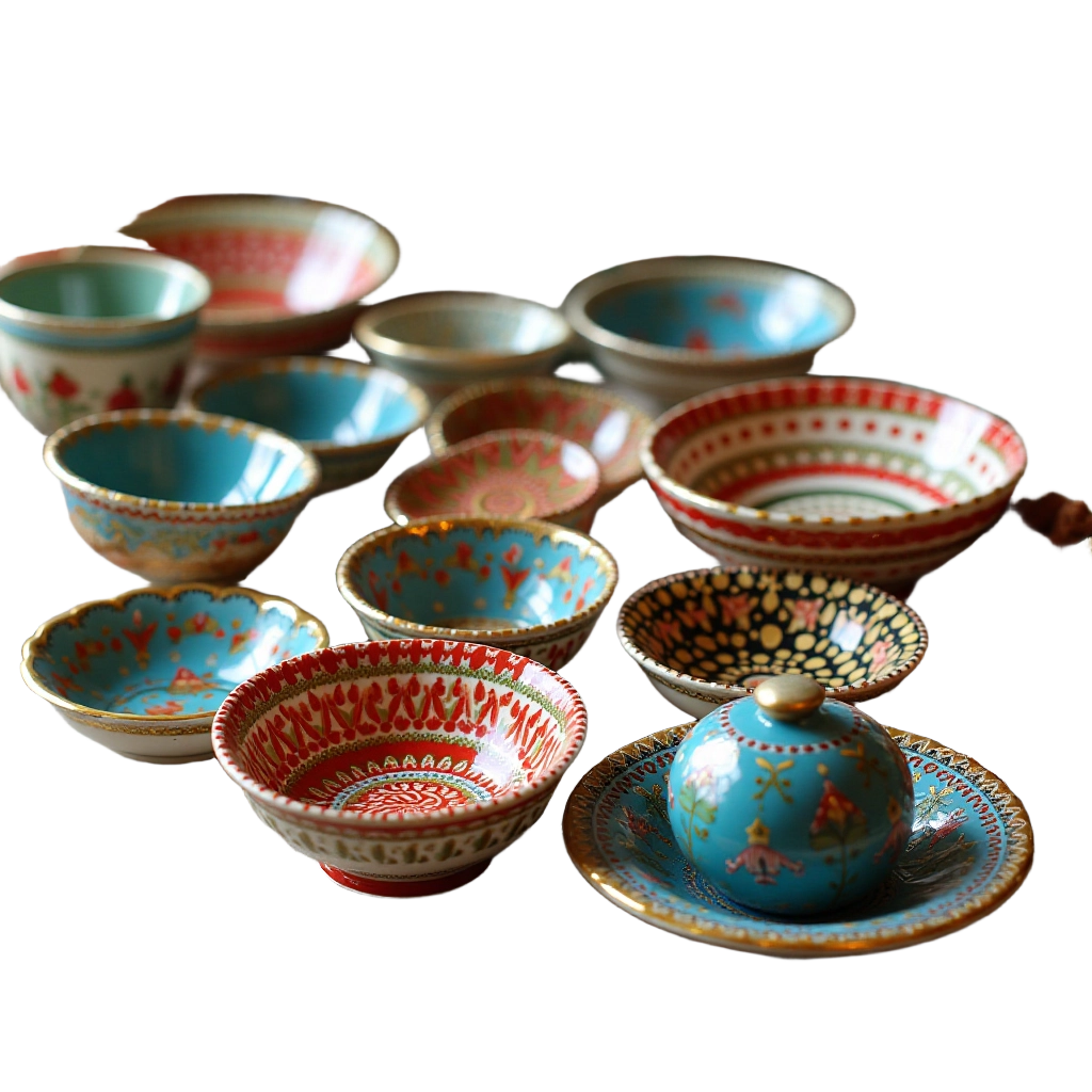 Colorful Hand-Painted Ceramic Bowls and Teacup Set