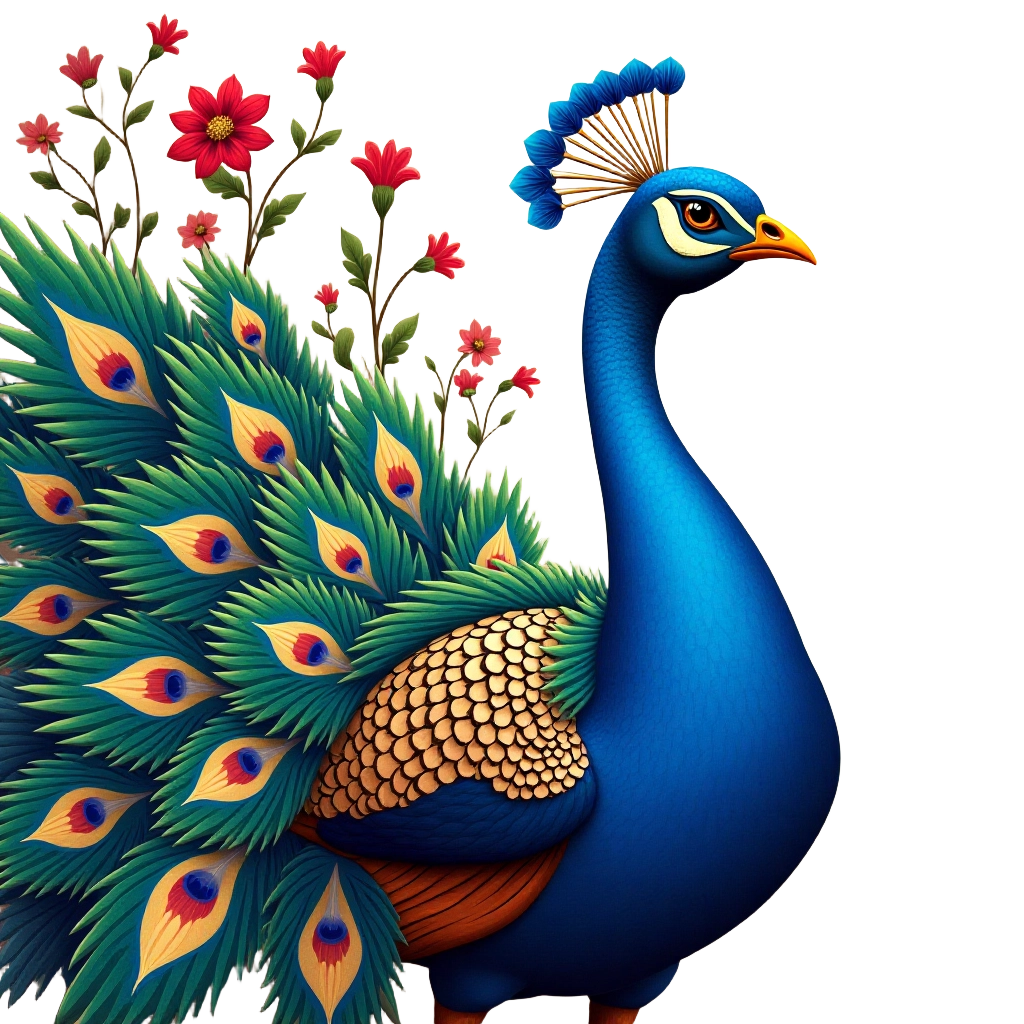 Majestic Peacock with Blooming Flowers