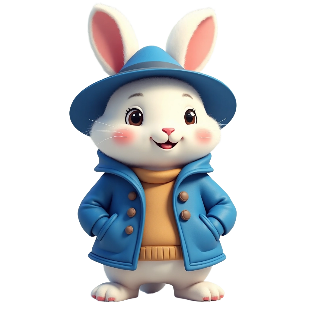 Adventurous Bunny in Blue Coat and Hat