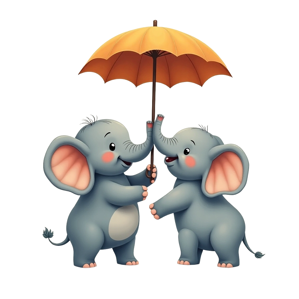 Elephant Friends Sharing an Umbrella