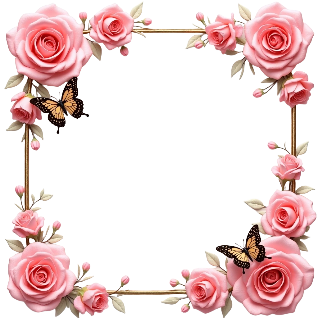 Floral Frame with Pink Roses and Butterflies