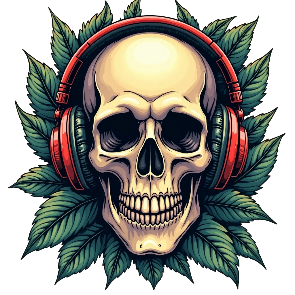 Skull in Headphones with Leaves