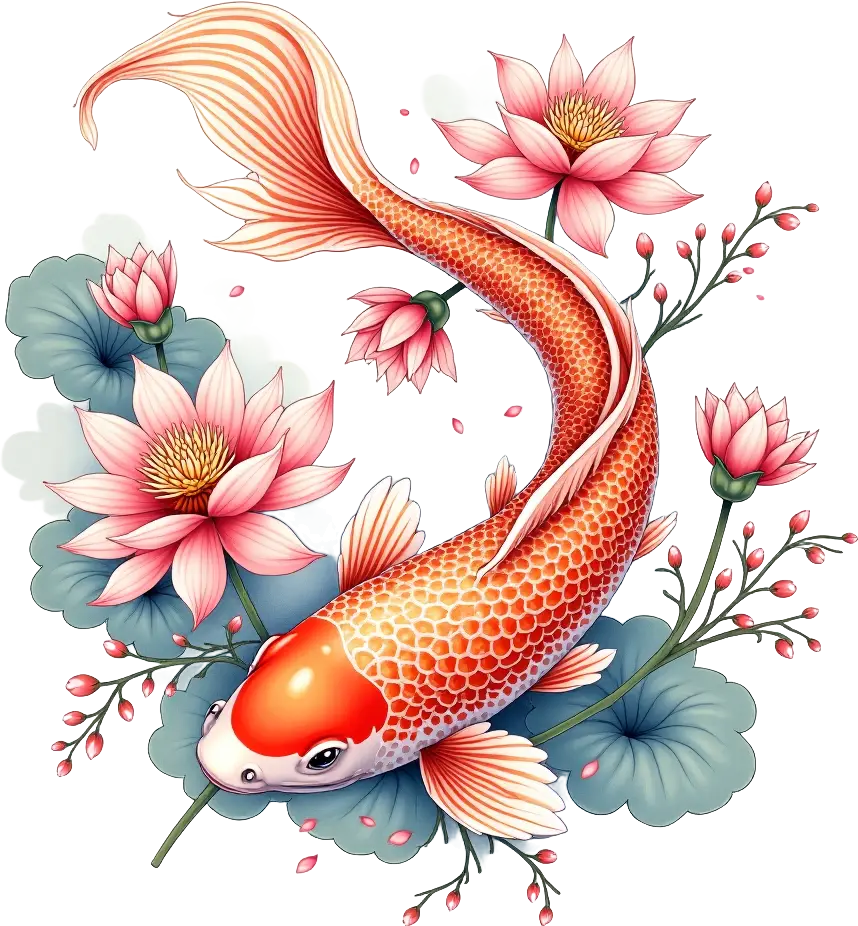 Koi Fish and Lotus Flowers