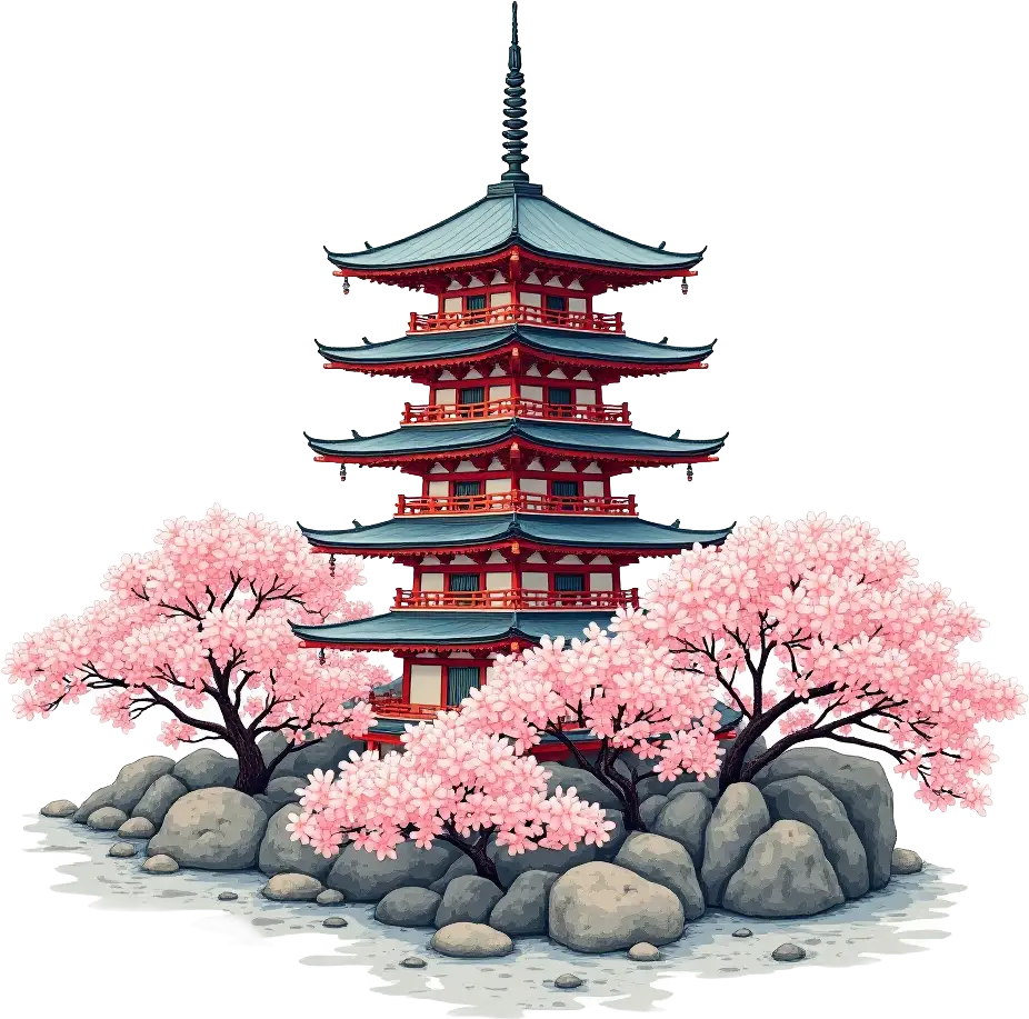 Japanese Pagoda and Cherry Blossoms