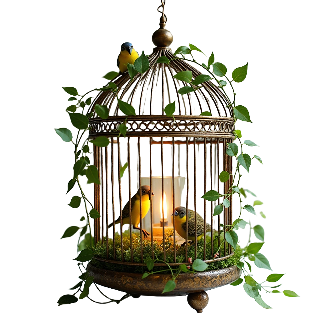 Vintage Birdcage with Birds and Greenery