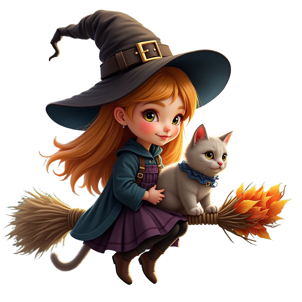 Witch and Her Cat on a Broomstick