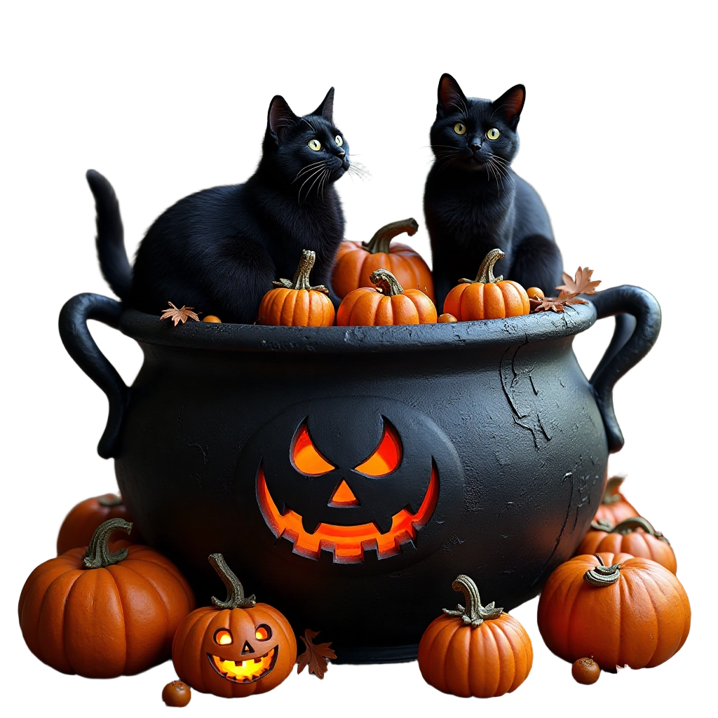 Halloween Cauldron with Black Cats and Pumpkins