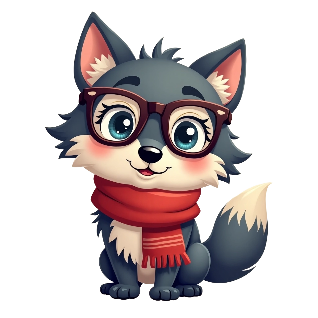 Cute Cartoon Wolf with Glasses and Scarf