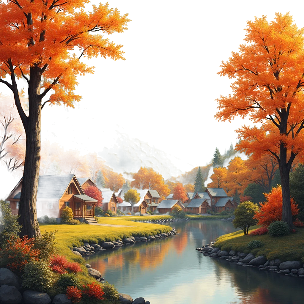 Autumn Village by the River