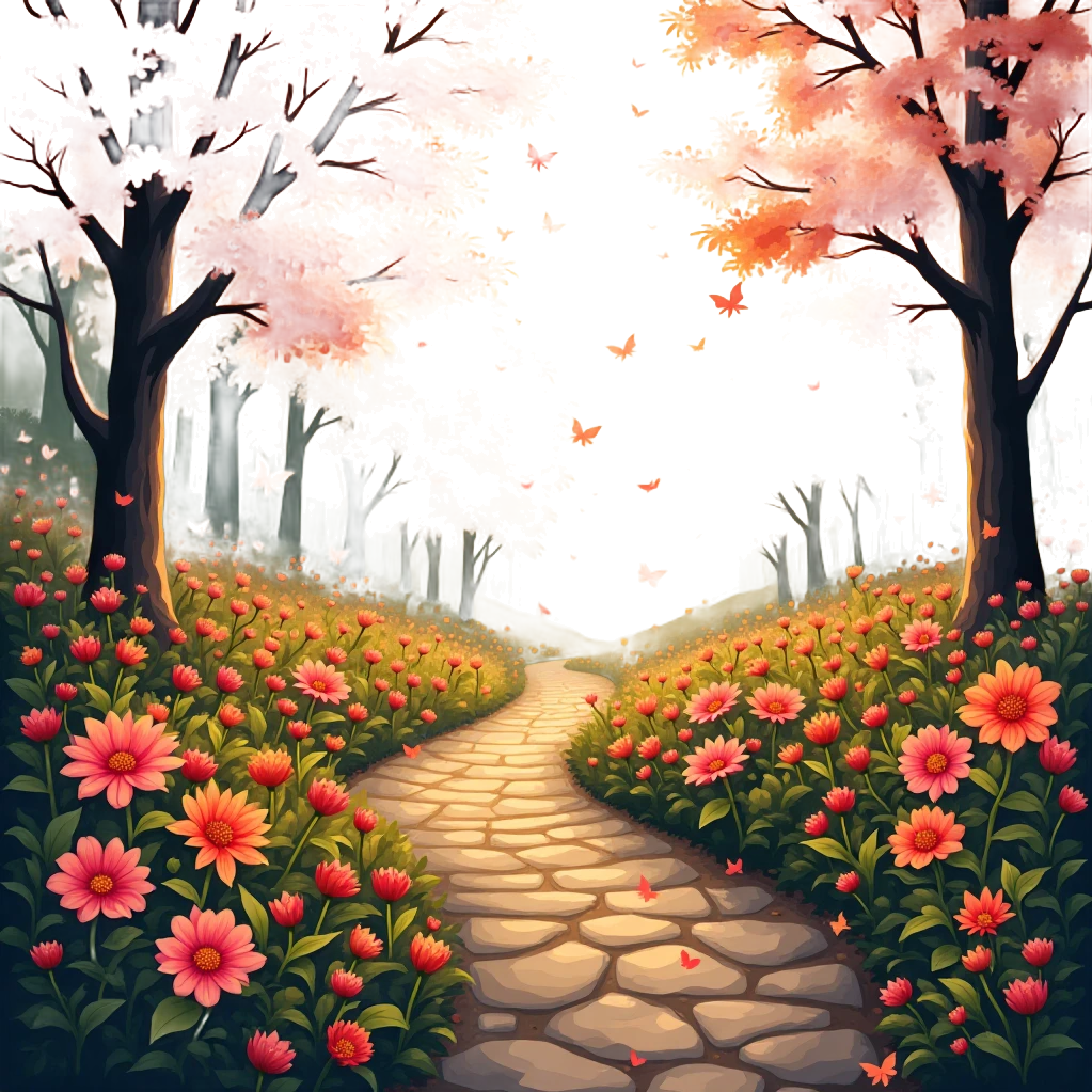 Autumn Pathway in a Blooming Garden