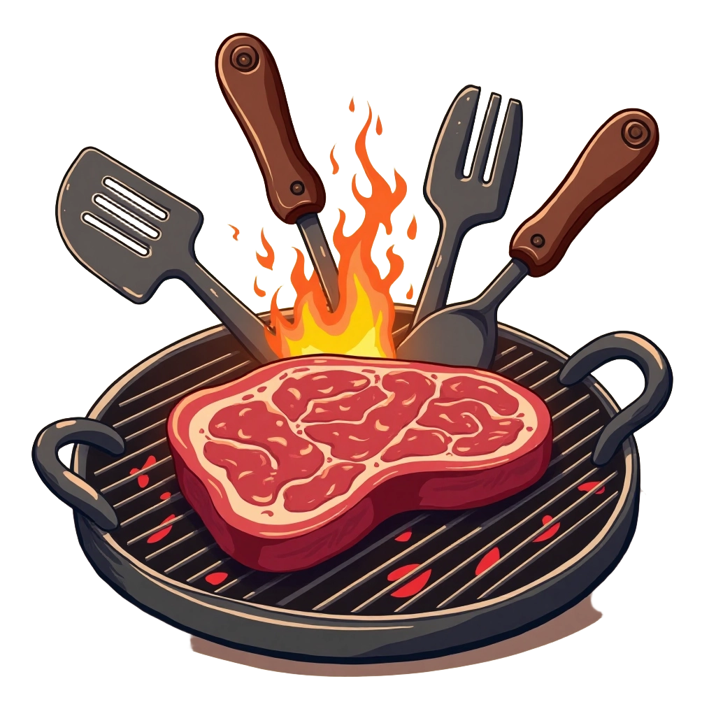 Grilled Steak and Cooking Utensils