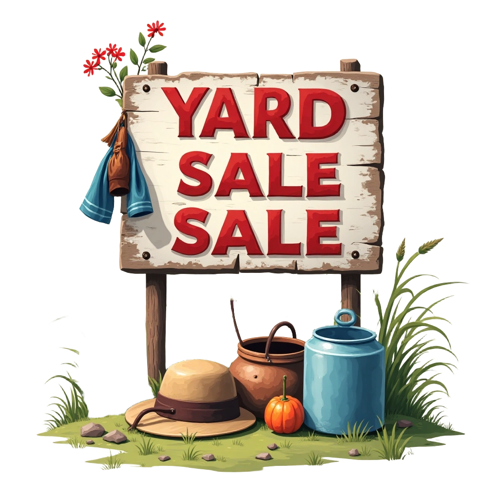 Yard Sale Sign with Garden Items