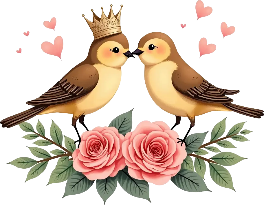 Love Birds with Crown and Roses