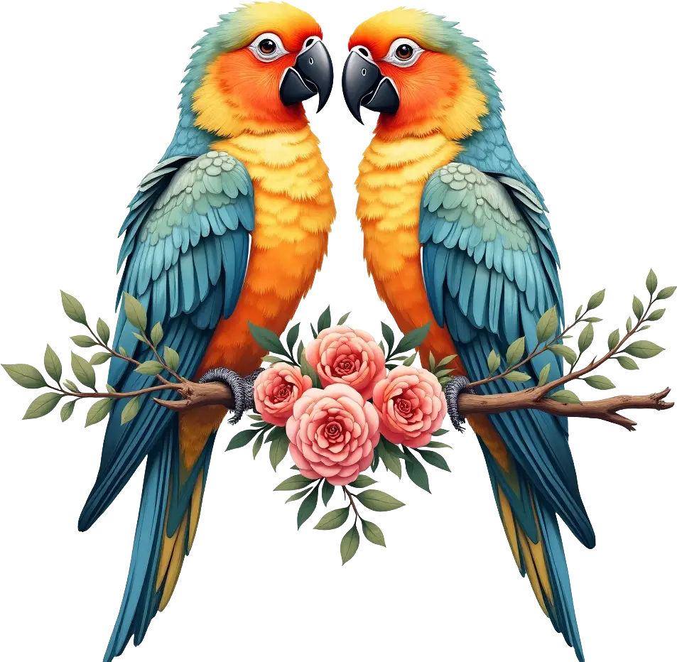 Colorful Parrots on a Floral Branch