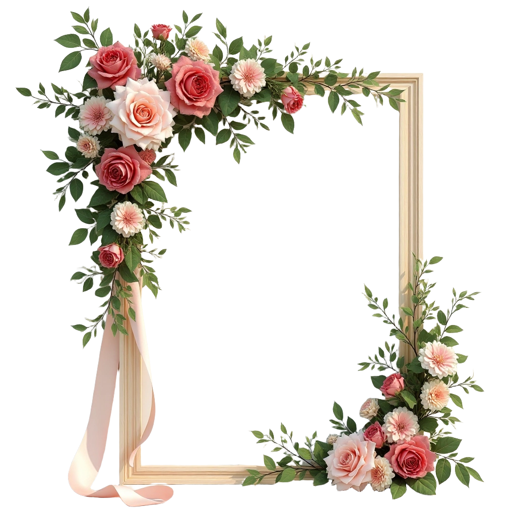 Floral Frame with Roses and Ribbons