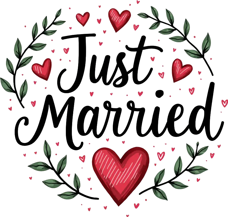 Just Married Heart and Leaves Illustration