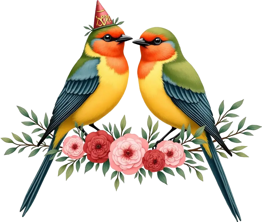 Festive Birds with Floral Wreath