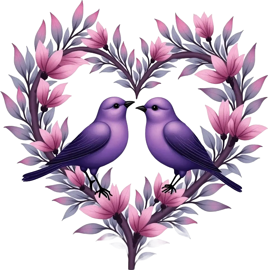 Violet Birds in Floral Wreath