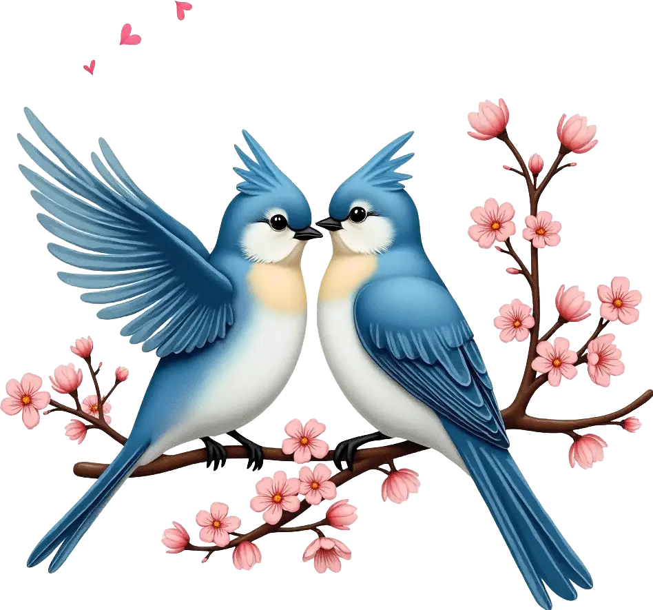 Romantic Birds on Cherry Blossom Branch