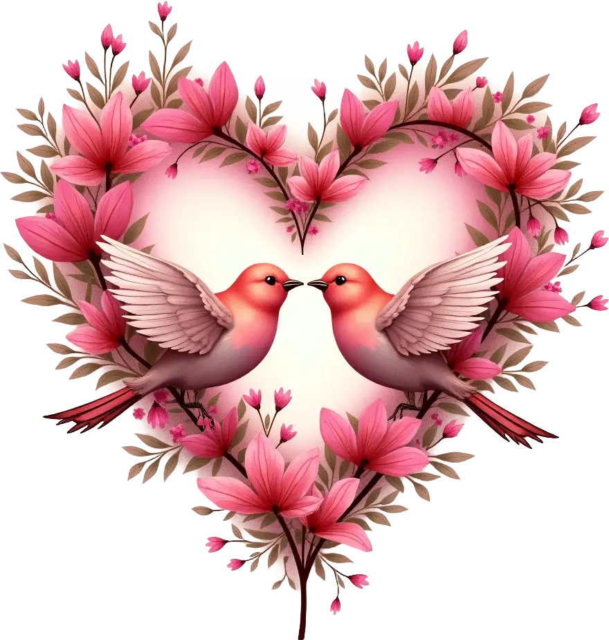 Romantic Birds in Heart-Shaped Floral Frame