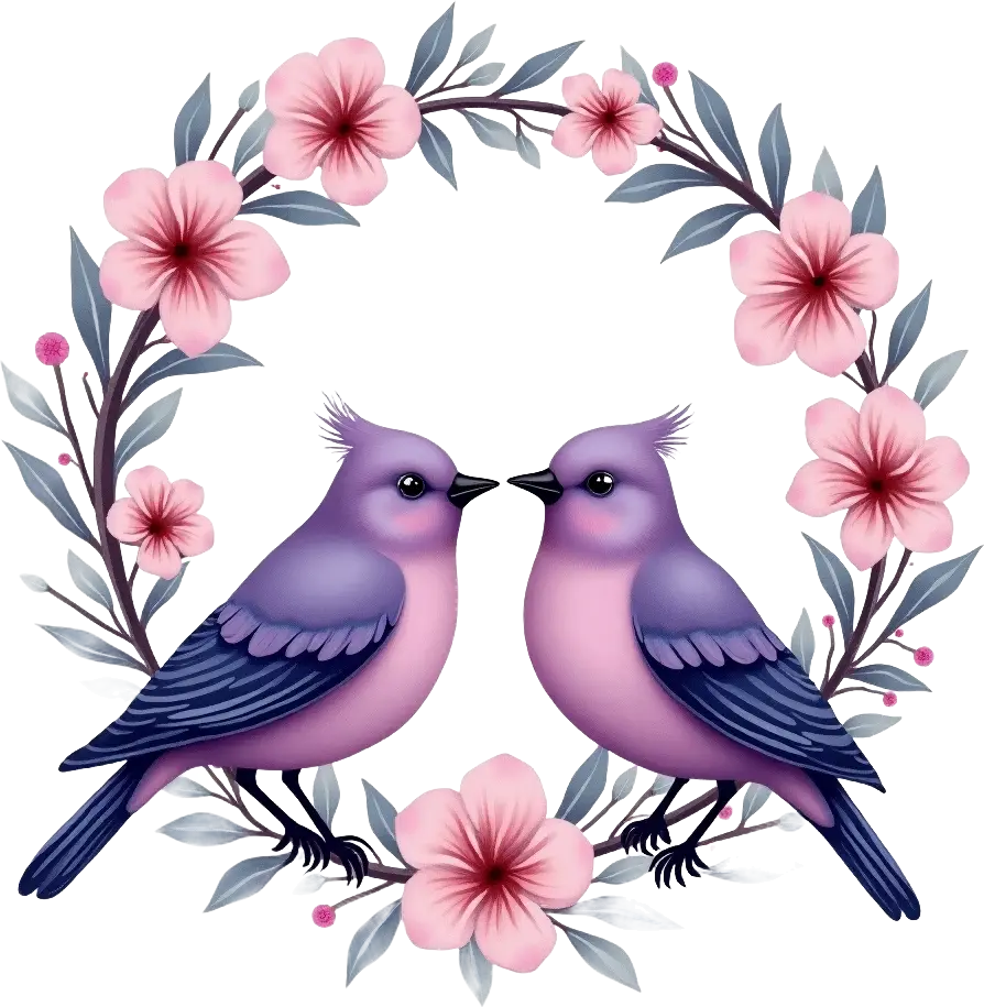 Romantic Birds in a Floral Wreath